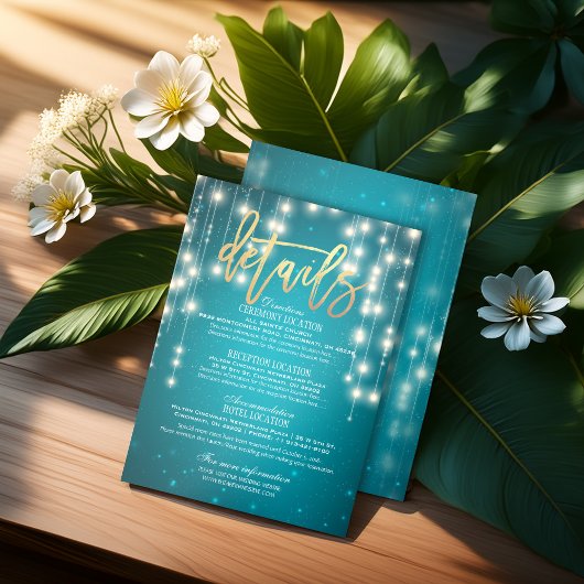 Informatie over blauwgroen Gold String Lights Wedd Informatiekaartje