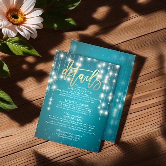 Informatie over blauwgroen Gold String Lights Wedd Informatiekaartje