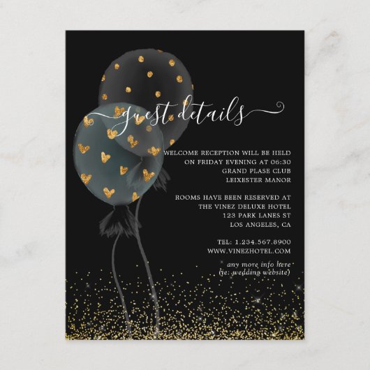 Informatie over de zwarte en goudballonbruiloft informatiekaartje (Voorkant)