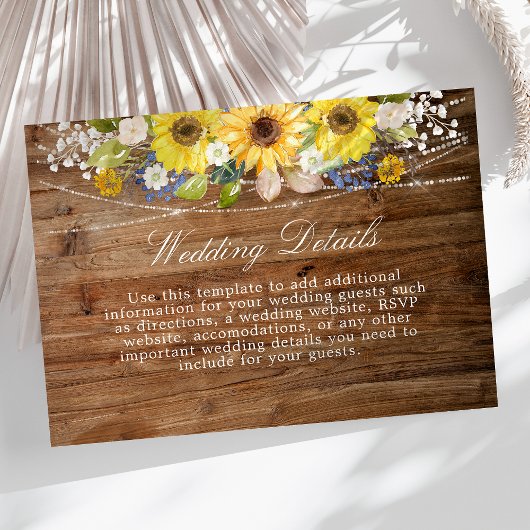 Informatie over Rustic Sunflower String Light Wedd Informatiekaartje