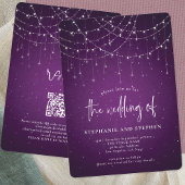 Informeel Script Paarse String Lights QR Bruiloft Kaart