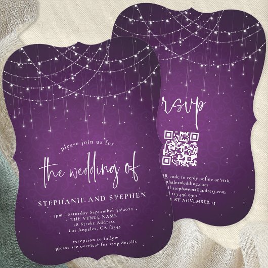 Informeel Script Paarse String Lights QR Bruiloft Kaart