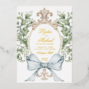 Informele Blad Crest met Strik Monogram Huwelijk Folie Uitnodiging