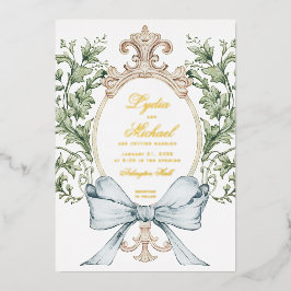 Informele Leaf Crest w / Bow | Monogram bruiloft Folie Uitnodiging