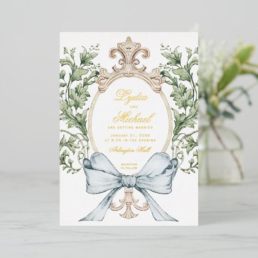 Informele Leaf Crest w / Bow | Monogram bruiloft Folie Uitnodiging (Staand Voorkant)