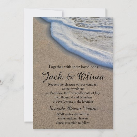 Informele strand zand zee schuim bruiloft kaart (Voorkant)