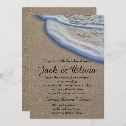 Informele strand zand zee schuim bruiloft kaart (Voorkant / Achterkant)