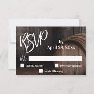Informele typografie Houten vat bruiloft RSVP Kaartje