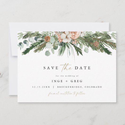 INGE Scandinavian Winter Greenery Save the Date Kaart (Voorkant)