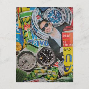 Ingeblikte voedselhorloges en man collage ansichtk briefkaart