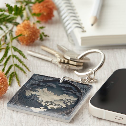 Ingelijste 3D Chinees Landschap Grijze Sleutelhang Sleutelhanger (Voorkant Rechts)