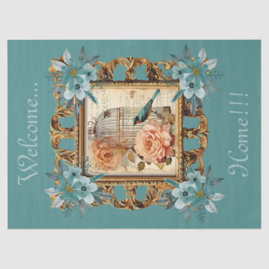 Ingelijste Floral Bird Kooi & Script Decoupage Tissuepapier (Voorkant)