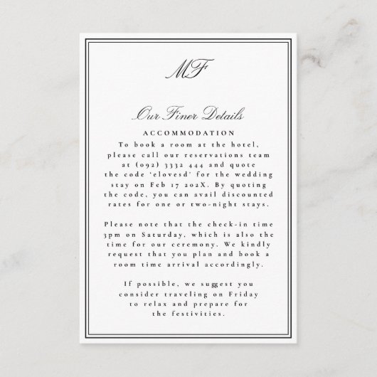 Ingelijste Formele Tuxedo White Wedding Details In Informatiekaartje (Voorkant)