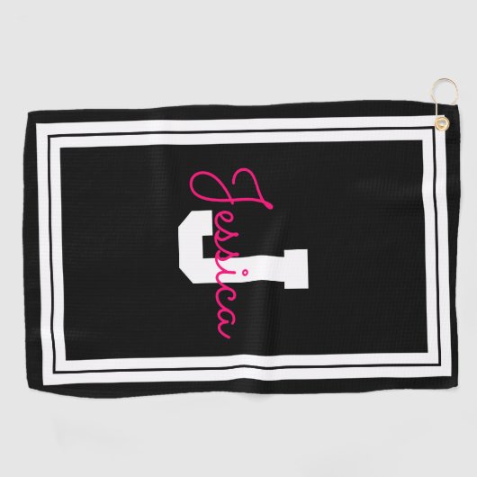 Ingelijste naam en monogram | Zwart Wit & Roze Golfhanddoek (Horizontaal)