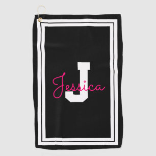 Ingelijste naam en monogram   Zwart Wit & Roze Golfhanddoek