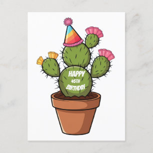 Ingepotte Prickly Pear Cactus met Verjaardag pet Briefkaart