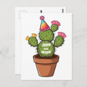Ingepotte Prickly Pear Cactus met Verjaardag pet Briefkaart (Voorkant / Achterkant)