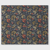 Ingewikkeld blad en bessen patroon op zwart cadeaupapier (Vlak)