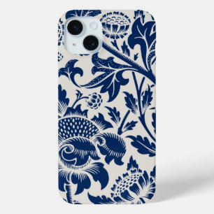 Ingewikkeld blauw bloempatroon op lichte achtergro iPhone 15 mini hoesje
