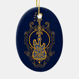 Ingewikkeld Golden Blue Bass Guitar-ontwerp Keramisch Ornament