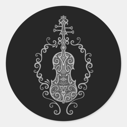 Ingewikkeld Grijs Vioolontwerp op Zwart Ronde Sticker (Voorkant)