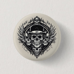 Ingewikkeld schedelontwerp met vleugels en symbole ronde button 3,2 cm