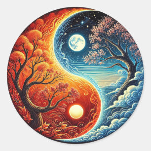 Ingewikkeld Yin-Yang-symbool dat Vuur en Water laa Ronde Sticker