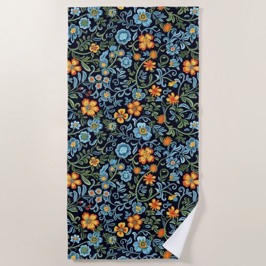 Ingewikkelde bloemkunst: blauwe en oranje bloemen  strandlaken (Voorkant)