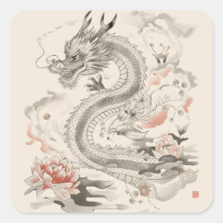 Ingewikkelde Chinese Draak Lijn Kunst Design Vierkante Sticker