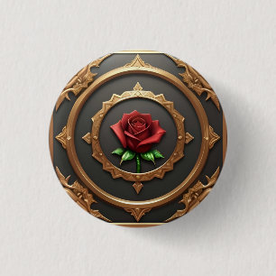 Ingewikkelde gouden lijst met rode roos ronde button 3,2 cm