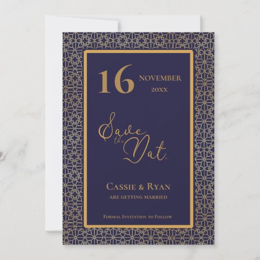 Ingewikkelde ontwerp Blauw Goud bruiloft Save the  Kaart (Voorkant)