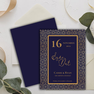 Ingewikkelde ontwerp Blauw Goud bruiloft Save the Kaart