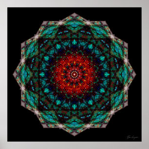 Ingewikkelde rode turquoise geometrische mandala k poster