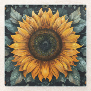 Ingewikkelde zonnebloem botanische kunst glazen onderzetter