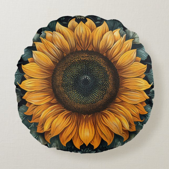 Ingewikkelde zonnebloem botanische kunst rond kussen (Voorkant)