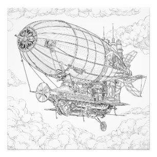 Ingewikkelde zwart-wit Steampunk luchtschip tekeni Foto Afdruk