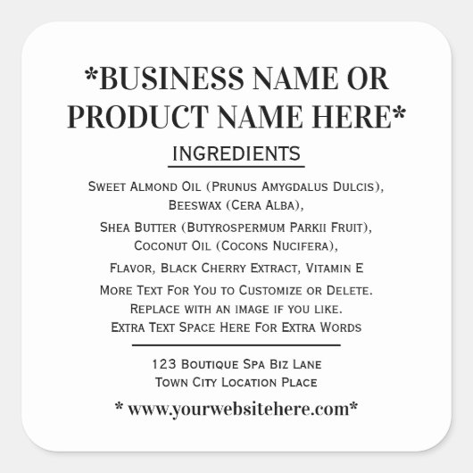 Ingrédients Étiquette noir noir Carré (Devant)