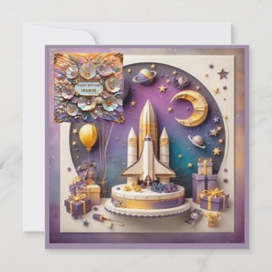 INGRID ~ Carte d'anniversaire ~ Fusée spatiale ~ (Devant)