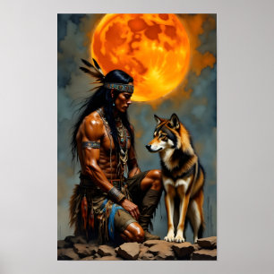 Inheemse Amerikaan en Wolf Poster