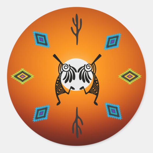 Inheemse Amerikaanse Kokopelli Sun Southwestern Ronde Sticker (Voorkant)