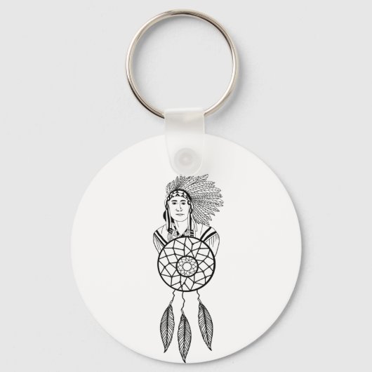 Inheemse Amerikaanse Man Indische hoofddroomcatche Sleutelhanger (Achterkant)