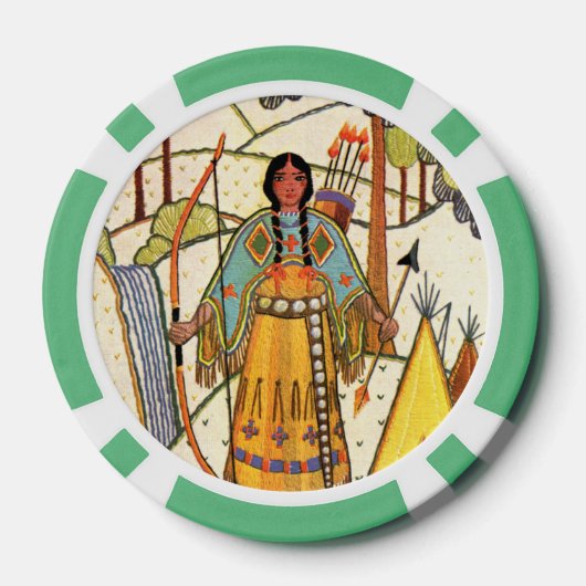Inheemse Amerikaanse Vrouw Boog Pijl Bomen Waterva Poker Chips (Achterkant)