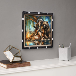 Inheemse Amerikaanse vrouw met Beer door kampvuur Vierkante Klok