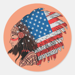 Inheemse Amerikaanse vrouw met hoofdtooi Ronde Sticker