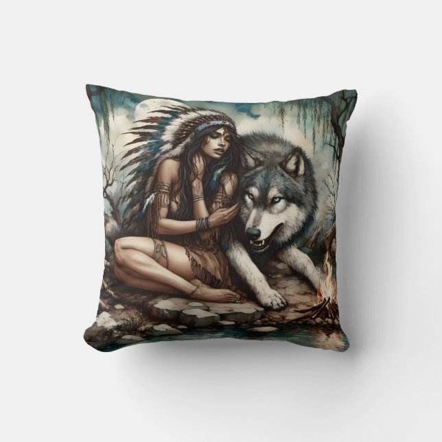 Inheemse Amerikaanse vrouw met wolf in de buurt va Kussen (Voorkant)