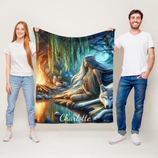 Inheemse en wolf door water Tranquil scene Fleece Deken
