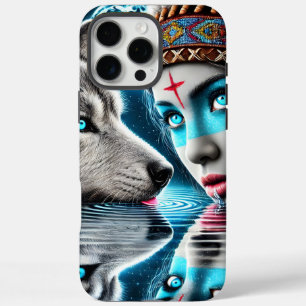 Inheemse Indiaanse krijger en wolfreflecties iPhone 16 Pro Max Hoesje
