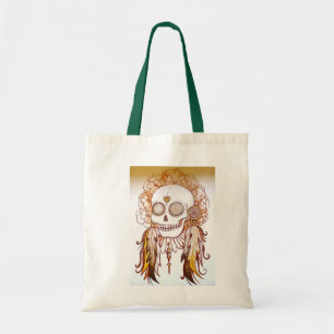 inheemse indiase schedel , veren en bloemen strand tote bag