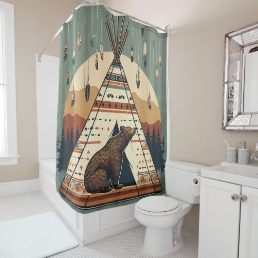  inheemse teepee Beer Tribal Plains Indiase Douchegordijn (In situ)