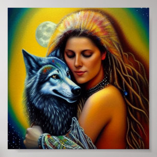 Inheemse vrouw en wolf poster
